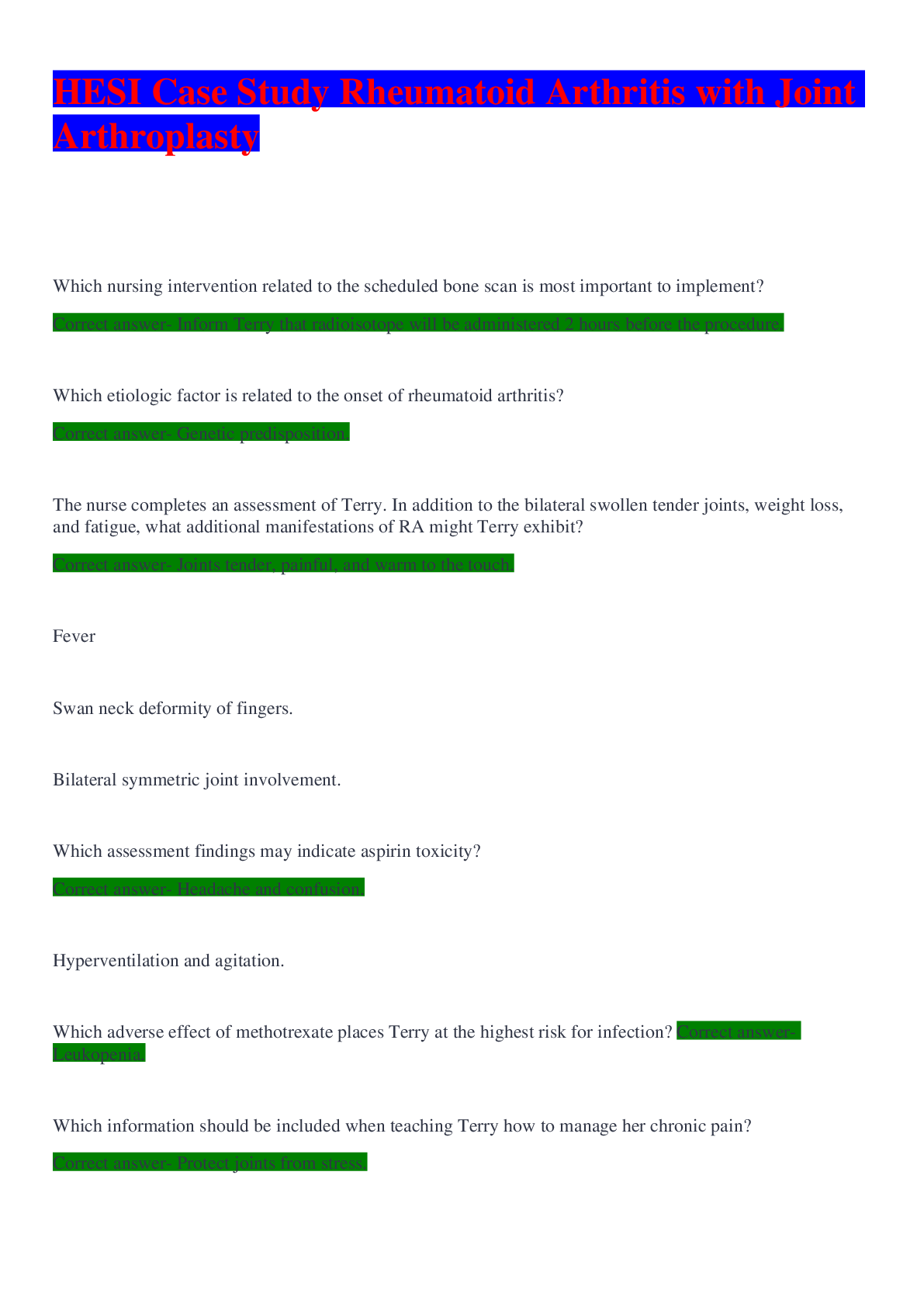 Preview image for Nursing_knowledge_Assessment_Practice_Exam Case Study Rheumatoid Arthritis with Joint Arthroplasty